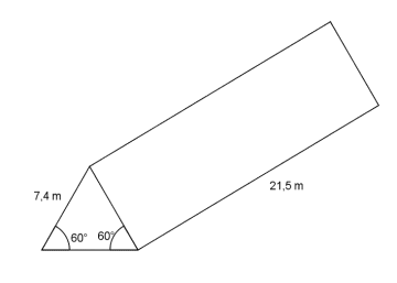 Rett, trekantet prisme med høyde 21,5 m. Trekanten har to vinkler på 60 grader, og en side har lengde 7,4 m.